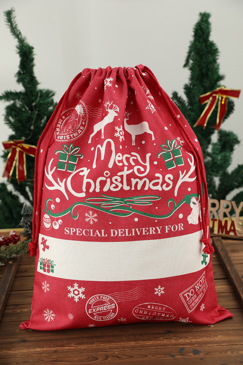 Red Merry Christmas Drawstring Gift Bag