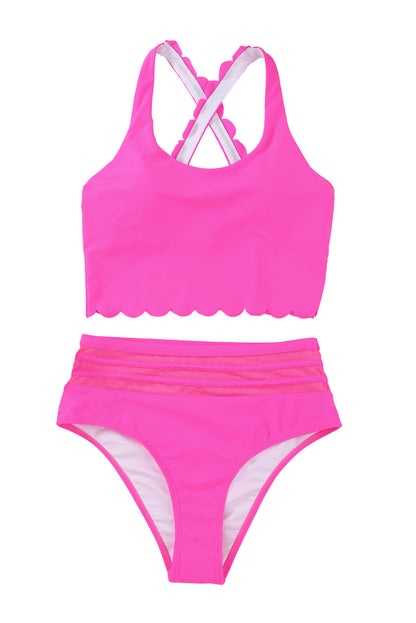 Rose Scalloped Criss Cross High Waist Bikini