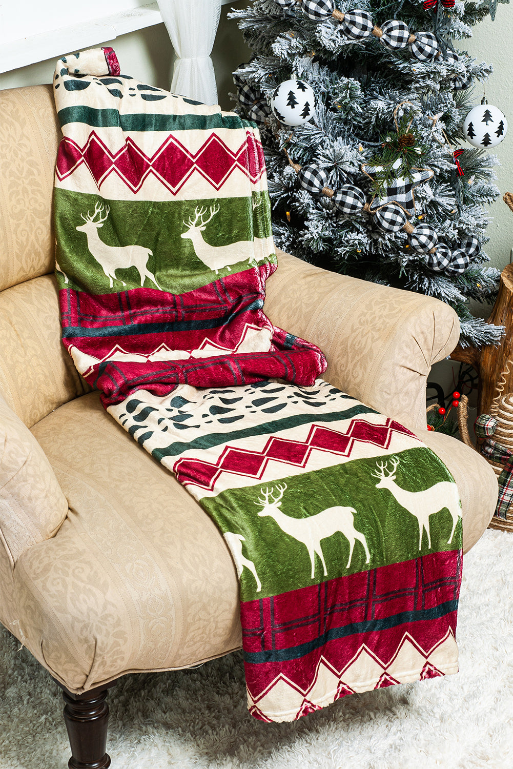 Christmas Elk Print Reversible Sherpa Fleece Blanket 130*150cm