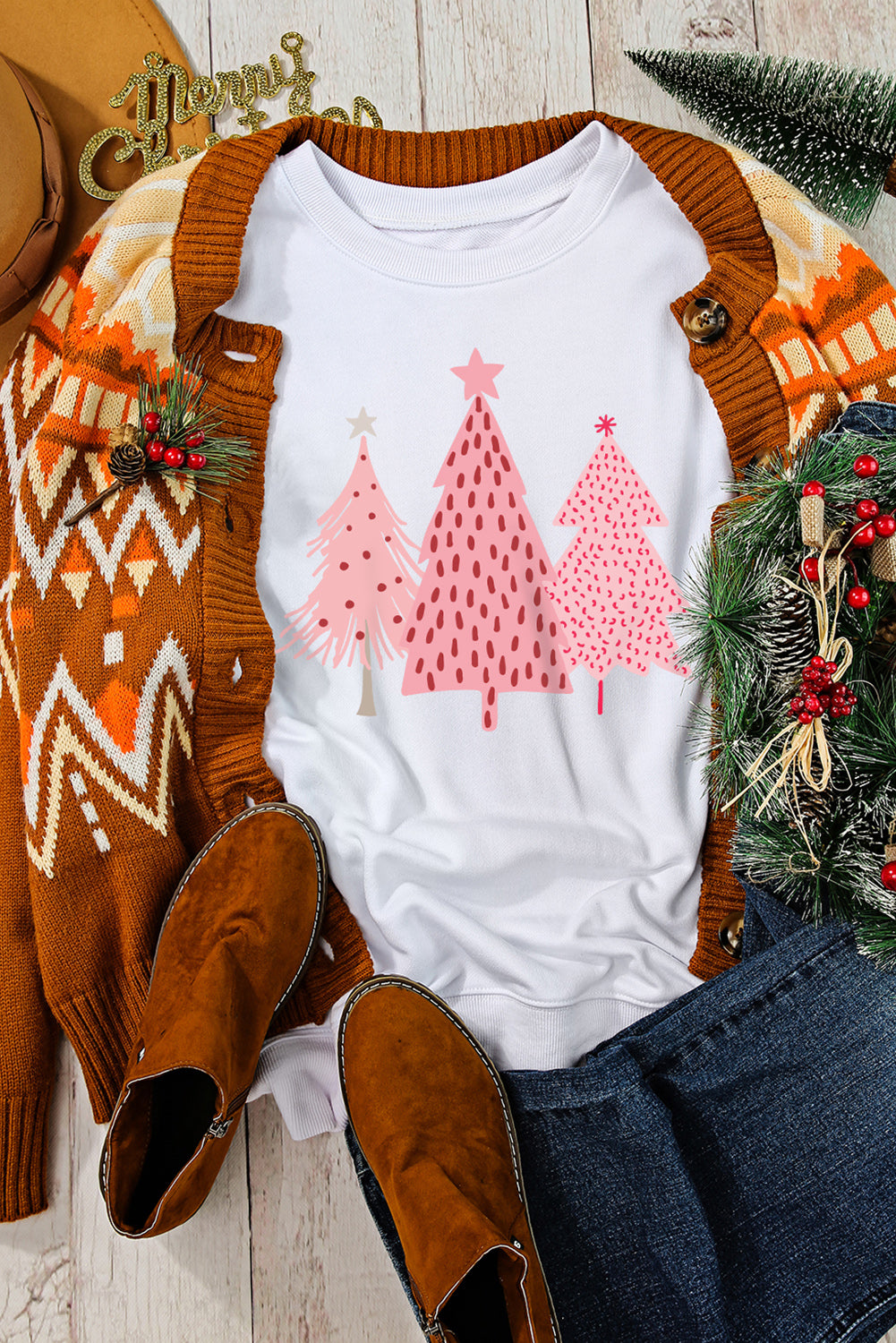 White Christmas Tree Dots Print Pullover Sweatshirt