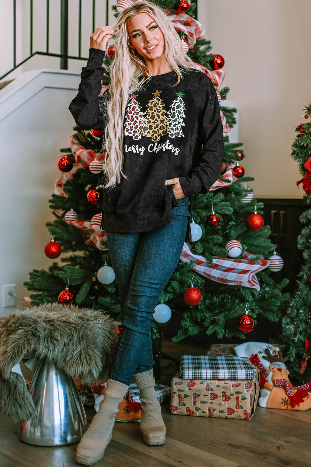 Black Merry Christmas Leopard Trees Graphic Sweatshirt