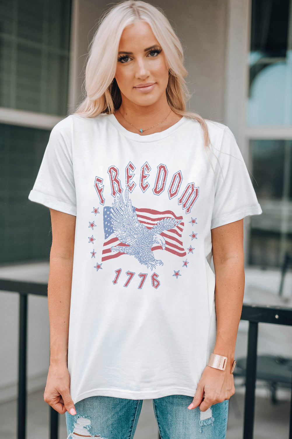 White FREEDOM Eagle Flag Print 1776 Graphic Tee