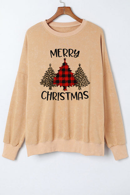 Khaki MERRY CHRISTMAS Tree Print Loose Fit Sweatshirt