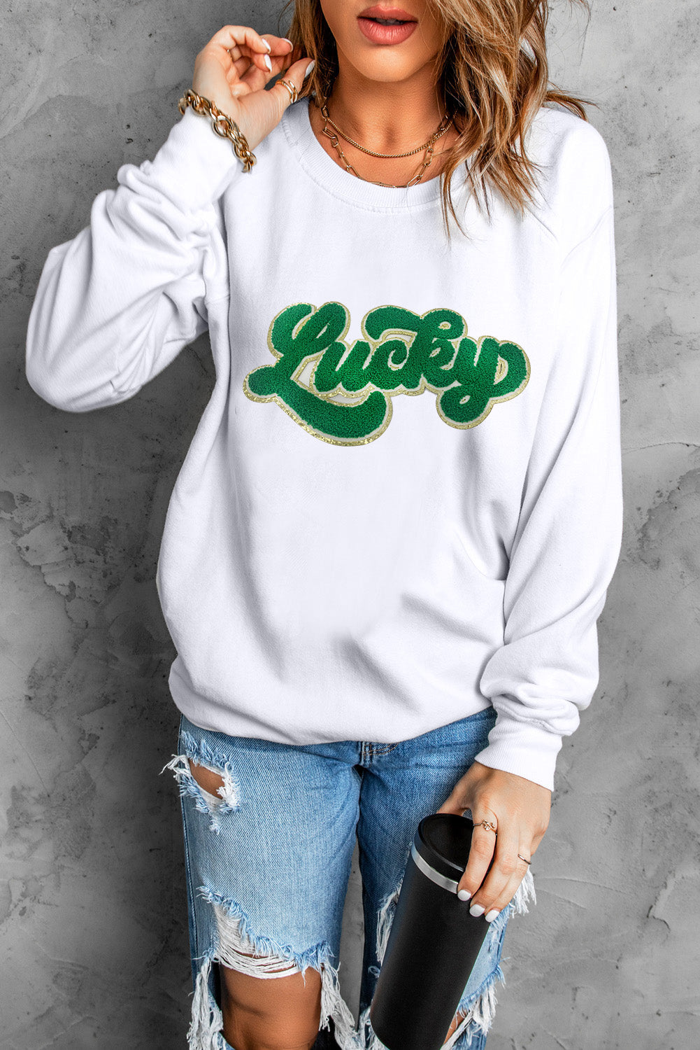 White Shiny Trim Chenille Lucky Pattern Sweatshirt