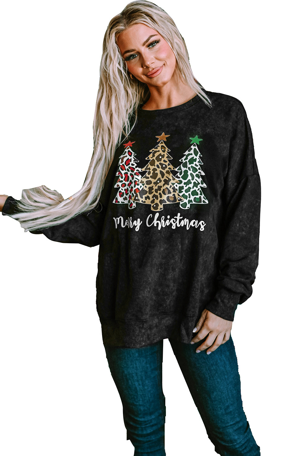 Black Merry Christmas Leopard Trees Graphic Sweatshirt