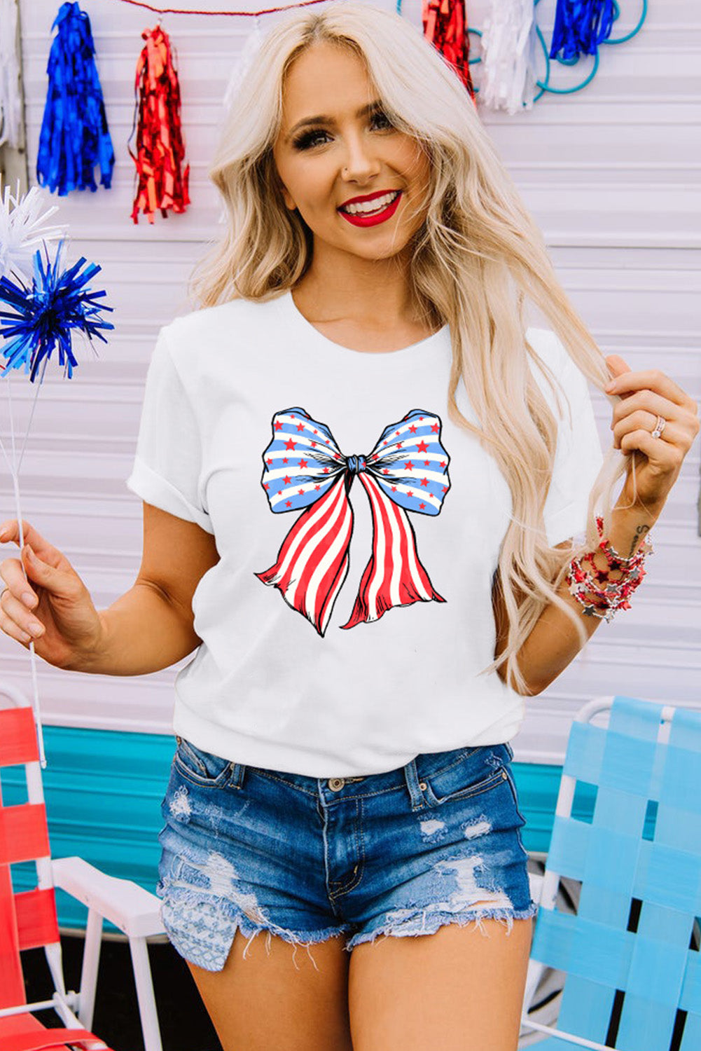 White Stripes and Stars Bowknot Print T Shirt