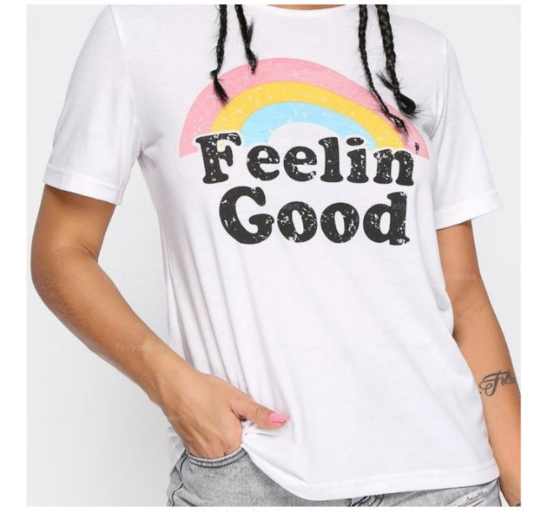 Cotton white T-shirt female rainbow letter print T-shirt