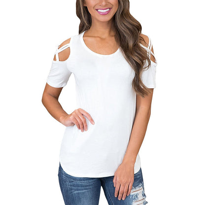 Printed Strapless T-shirt Ladies Short-sleeved T-shirt Hollow Top Women