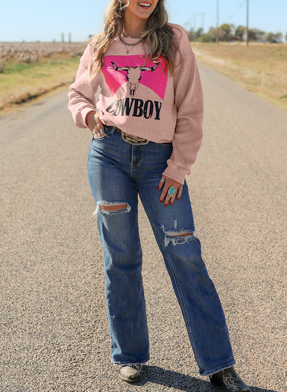 Pink Steer Head Cowboy Print Corded Pullover Sweatshirt