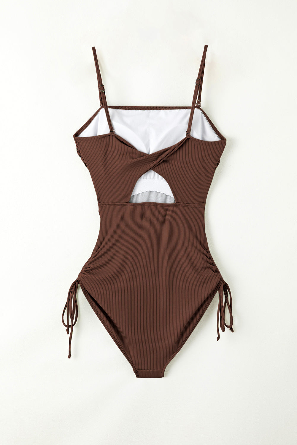 Coffee Ribbed Drawstring Sides Cutout One Piece Swimsuit