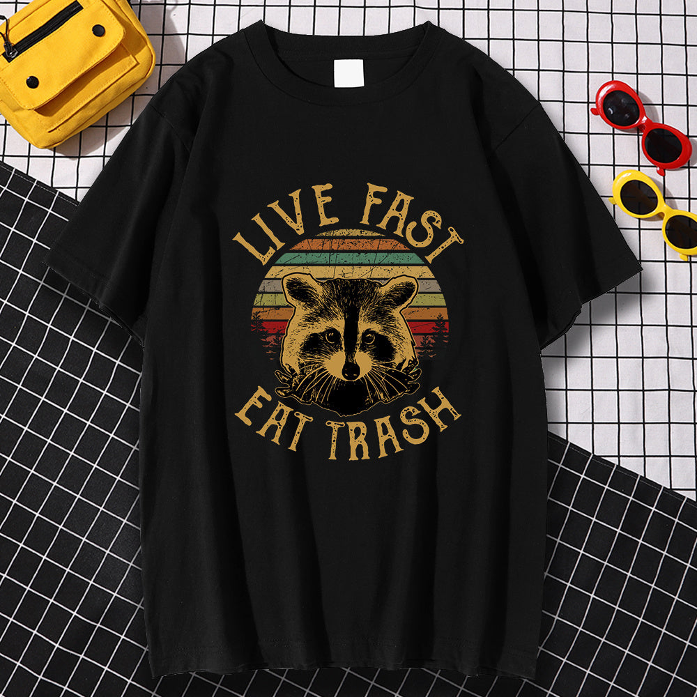 Live Fast Eat Trash Printing Men'S T-Shirts Loose Home Tees