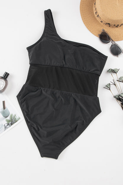 Black Single Shoulder Mesh Patchwork One-piece Swimwear