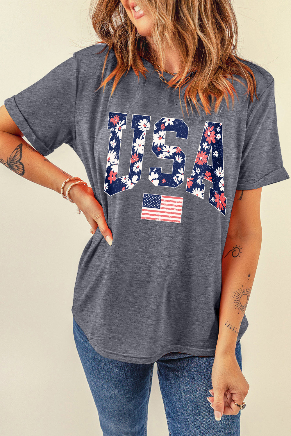 Gray Blooming USA Flag Print Casual T Shirt