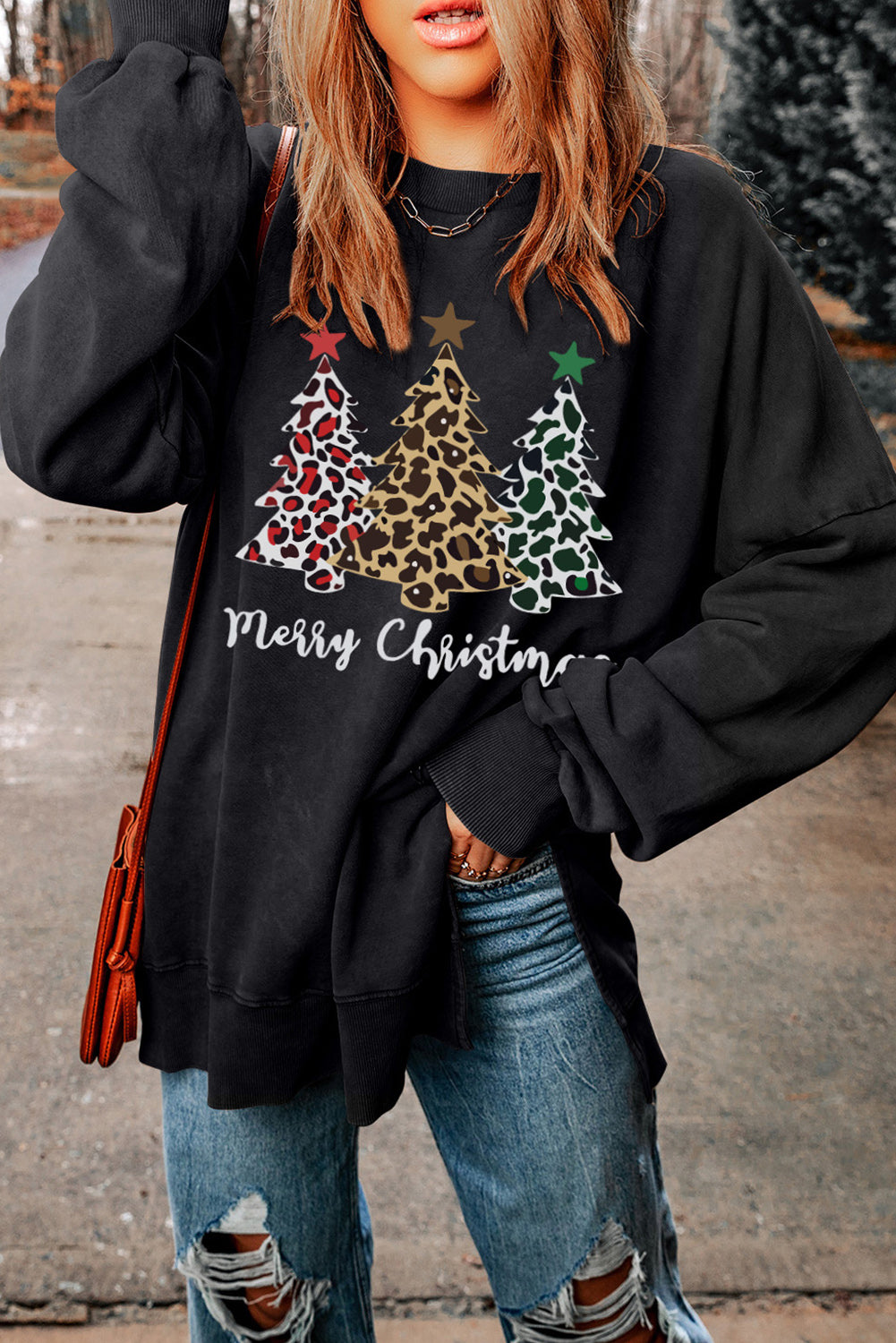 Black Merry Christmas Leopard Trees Graphic Sweatshirt