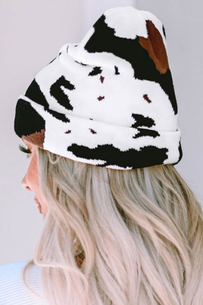 Black Cow Spots Printed Warm Beanie Hat