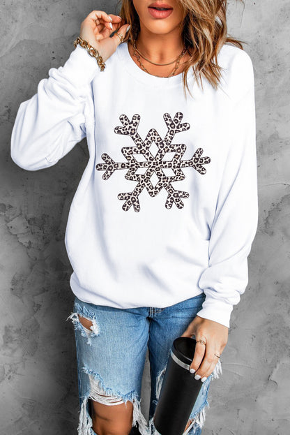 White Leopard Snowflake Pullover Sweatshirt