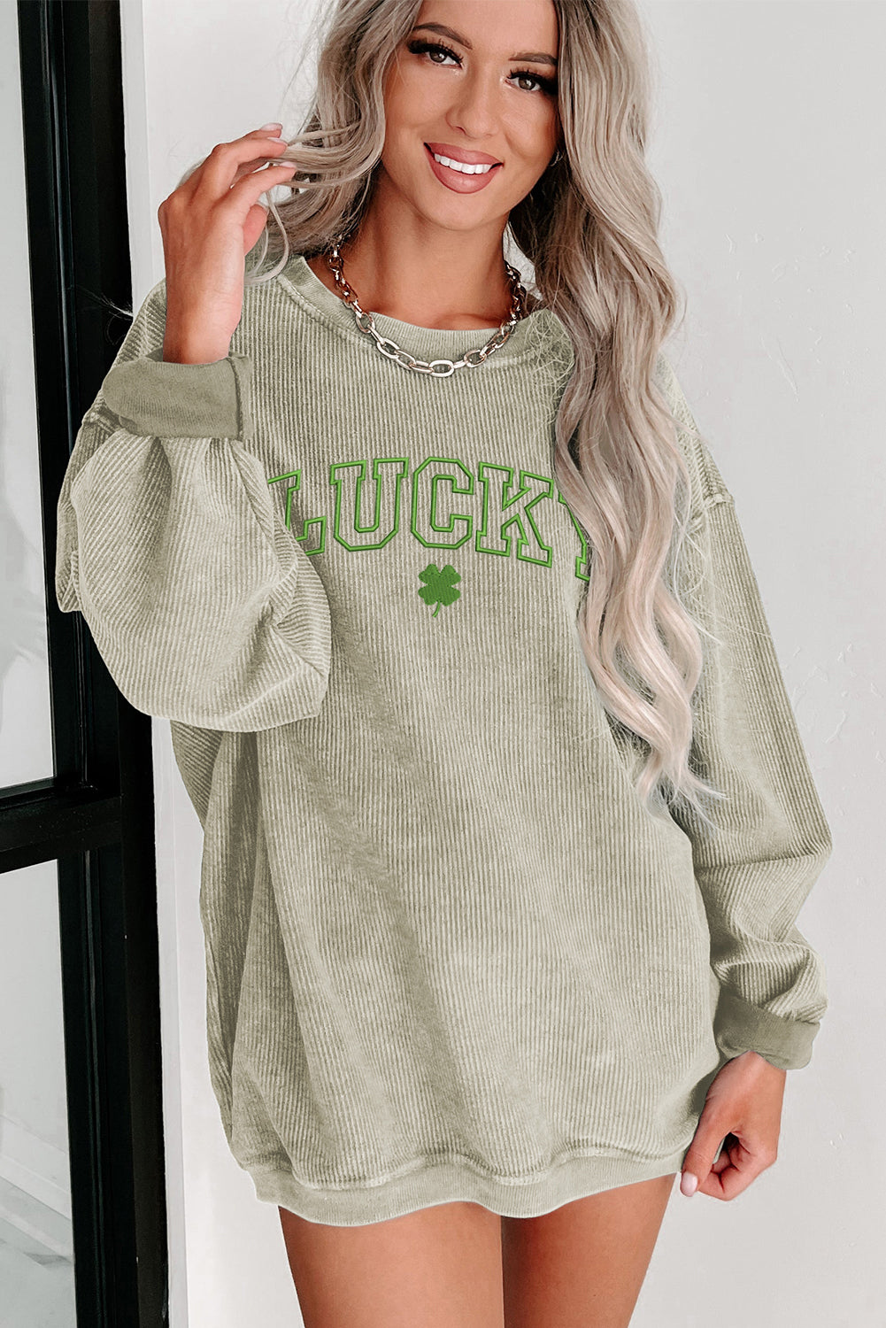 Green LUCKY Clover Embroidered Corded Crewneck Sweatshirt