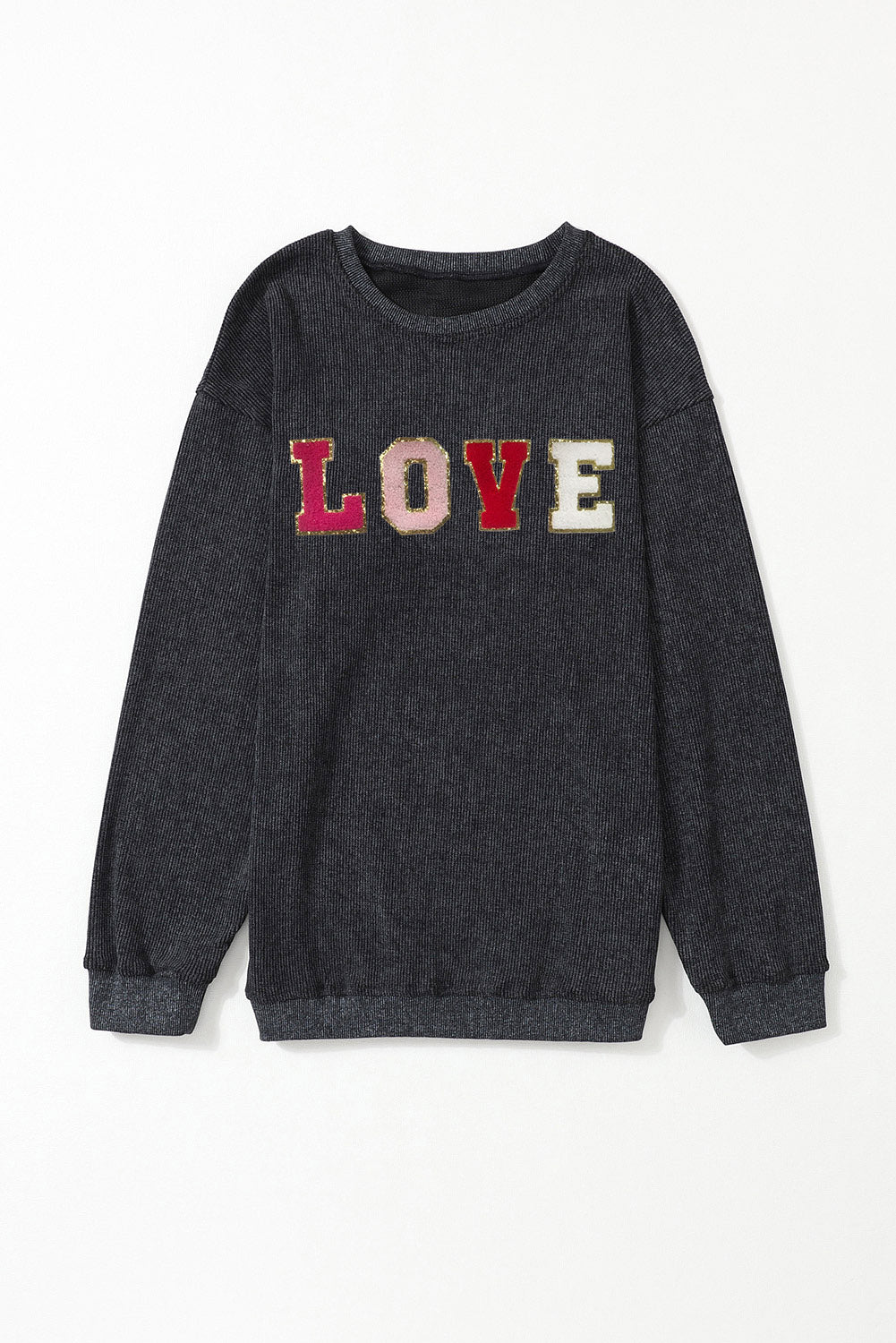 Black Sequin LOVE Chenille Embroidered Graphic Corded Sweatshirt