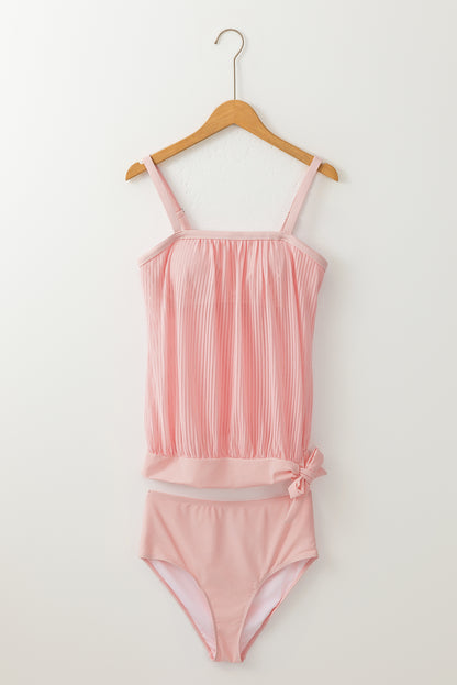 Pink Striped Mesh Knotted Hem Tankini Swimsuit