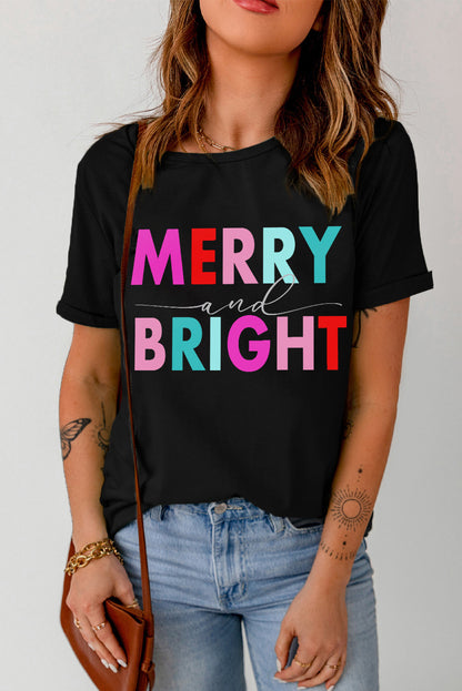 Black MERRY and BRIGHT Crew Neck Graphic Tee