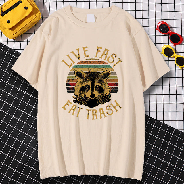 Live Fast Eat Trash Printing Men'S T-Shirts Loose Home Tees