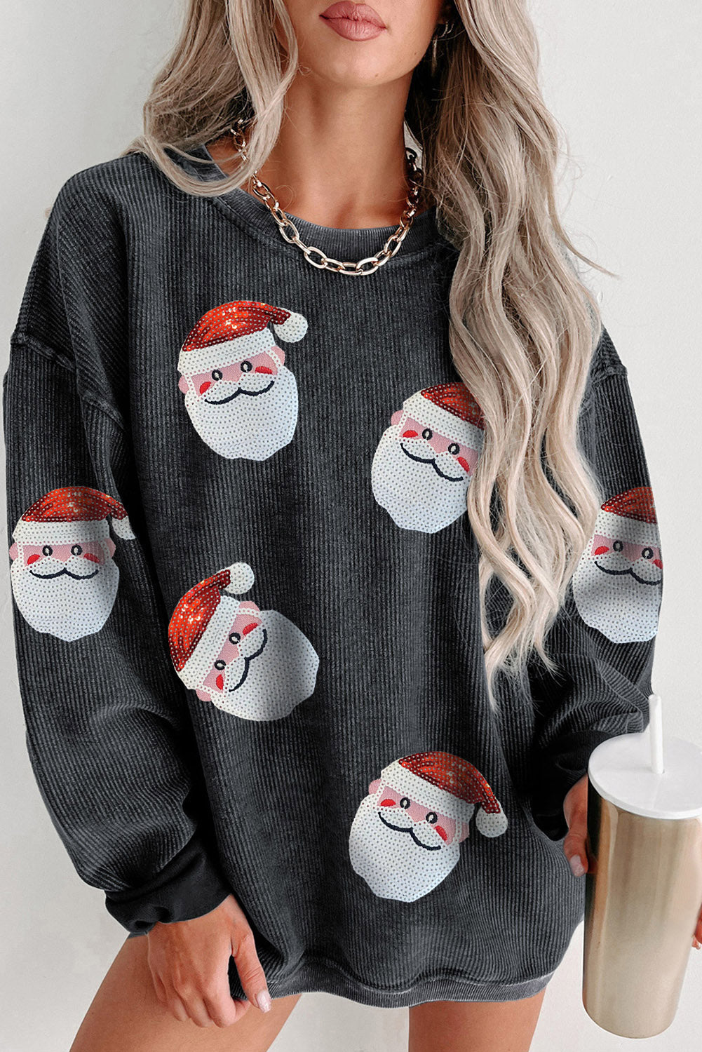 Black Sequined Santa Claus Corded Christmas Sweatshirt