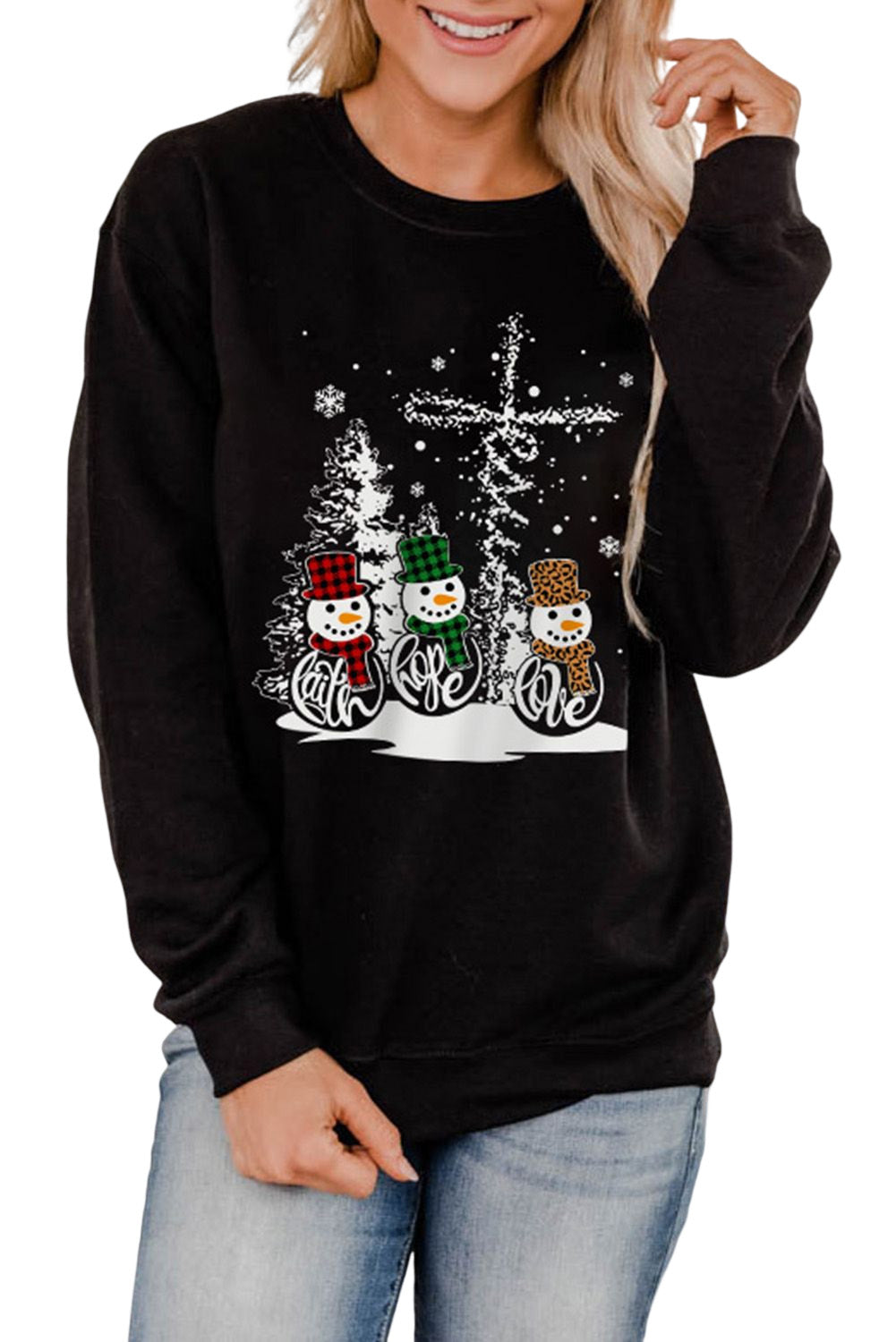 Black Christmas Snowman Graphic Print Pullover Sweatshirt