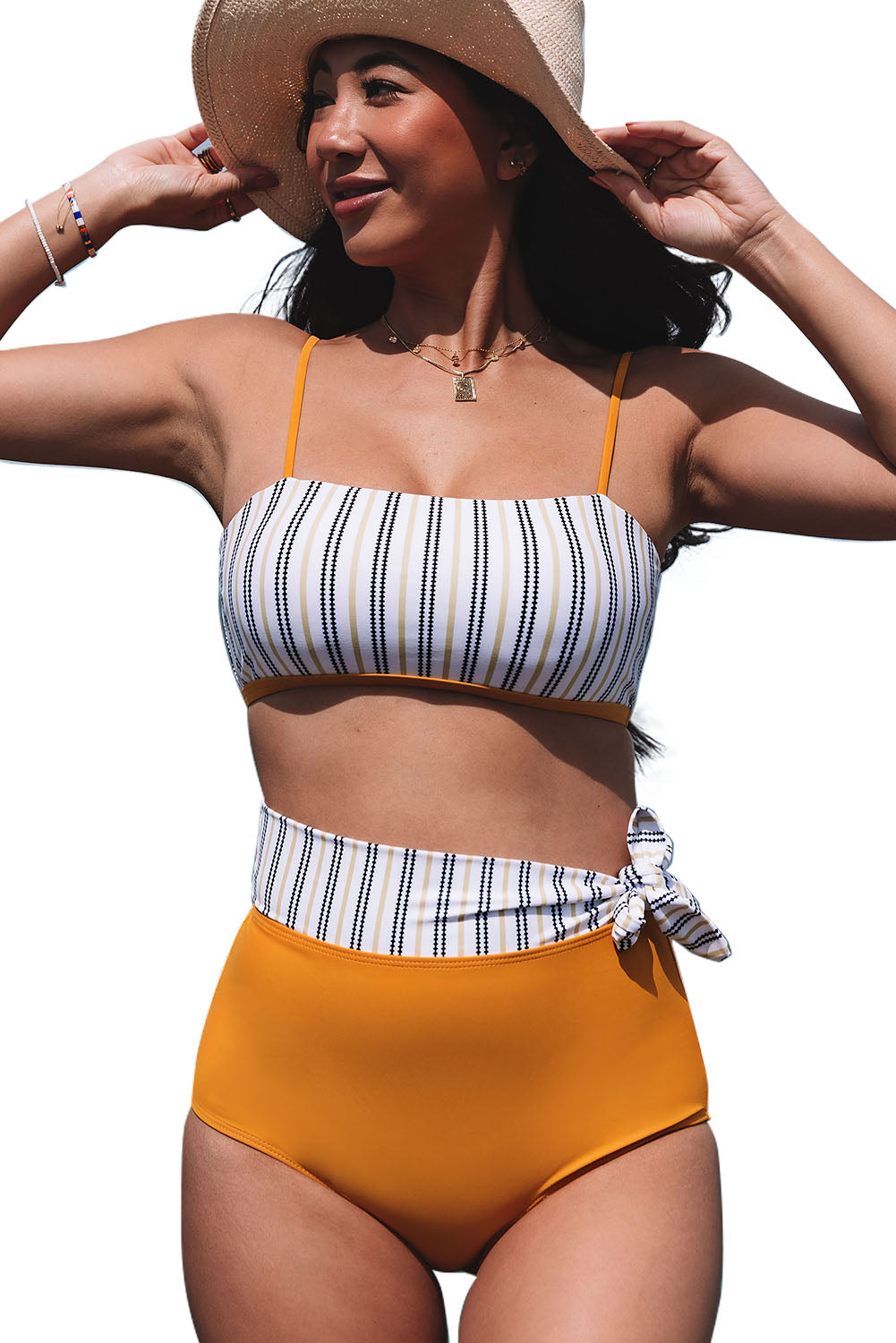 Yellow 2pcs Contrast Striped Tie High Waist Bikini Swimsuit