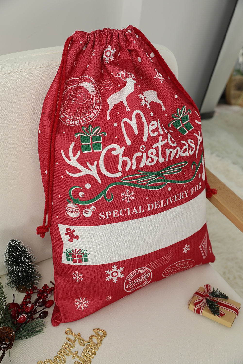 Red Merry Christmas Drawstring Gift Bag