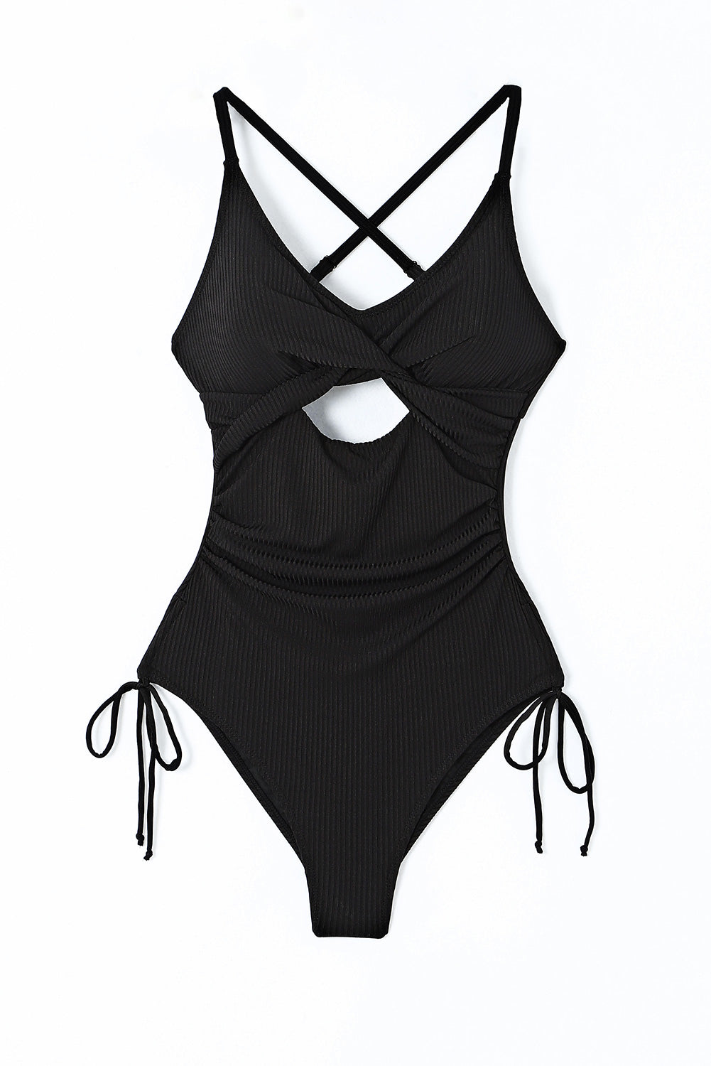 Black Ribbed Sexy Cutout Ruched Monokini