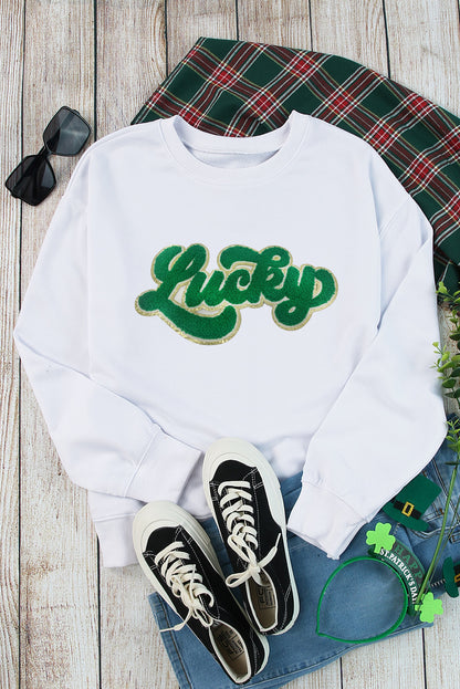 White Shiny Trim Chenille Lucky Pattern Sweatshirt