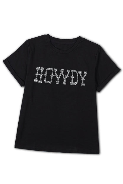 Black HOWDY Rhinestone Slim Fit Crew Neck T Shirt