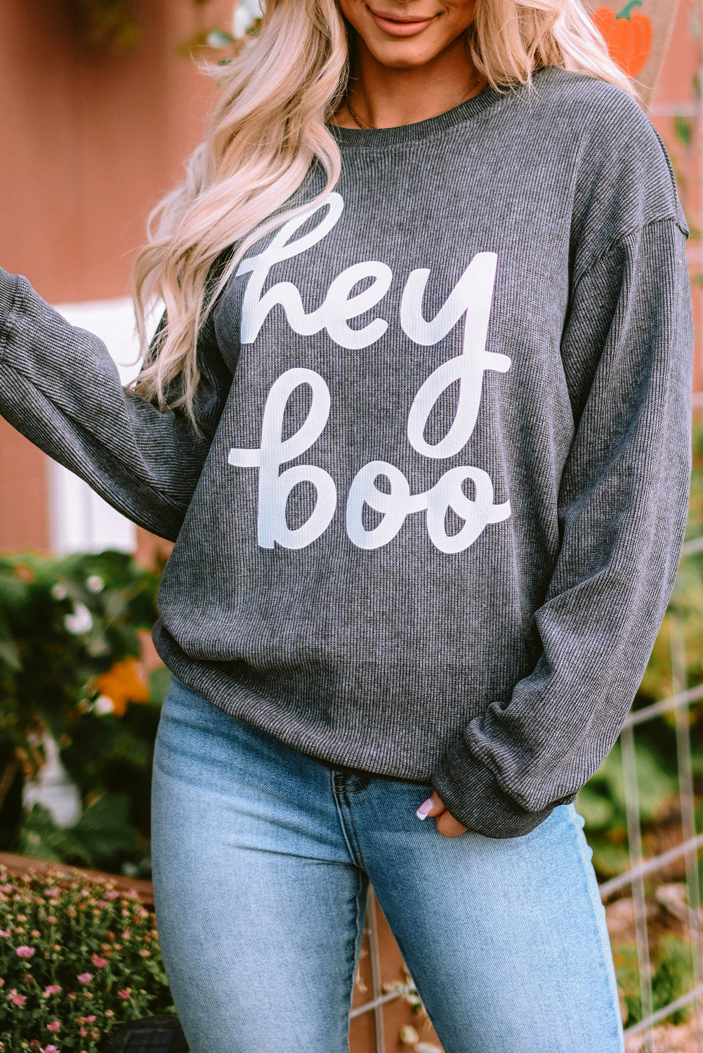 Gray hey boo Graphic Corded Halloween Sweatshirt