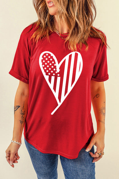 Red USA Flag Heart Shape Crewneck Graphic T Shirt