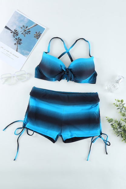 Blue Black Ombre Shading Push Up Bikini and Boardshort