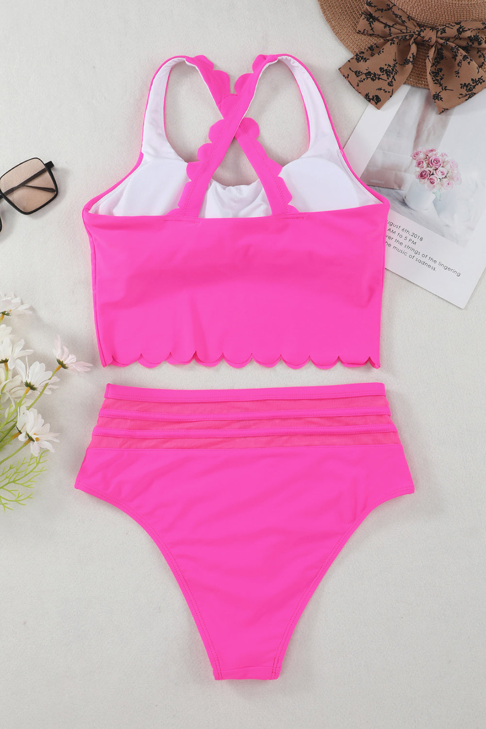 Rose Scalloped Criss Cross High Waist Bikini