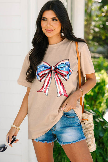 Khaki American Flag Bow Knot Print Round Neck T Shirt