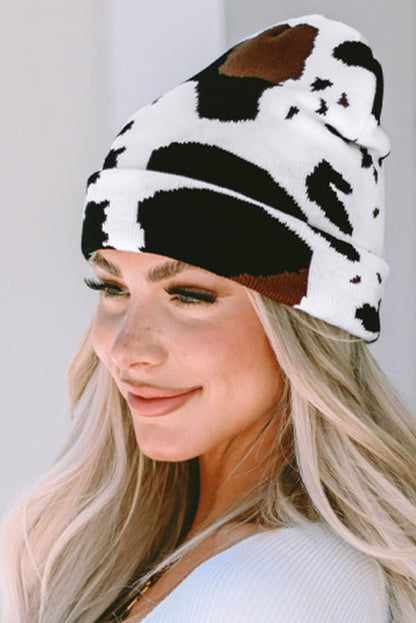 Black Cow Spots Printed Warm Beanie Hat