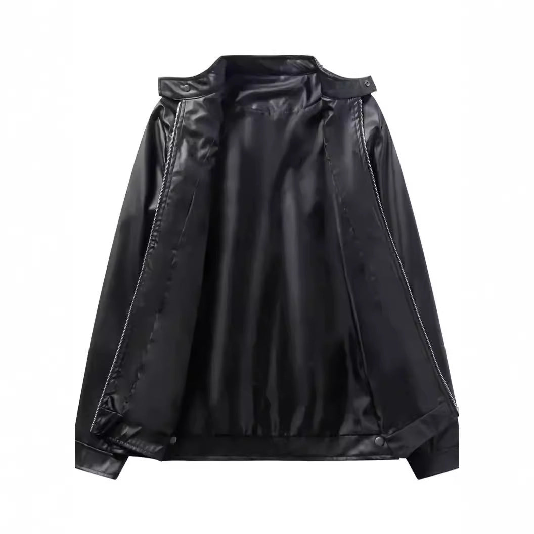 Leather Jacket With Buckle Chain Pocket Decoration