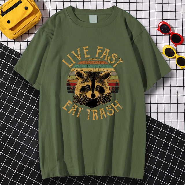 Live Fast Eat Trash Printing Men'S T-Shirts Loose Home Tees