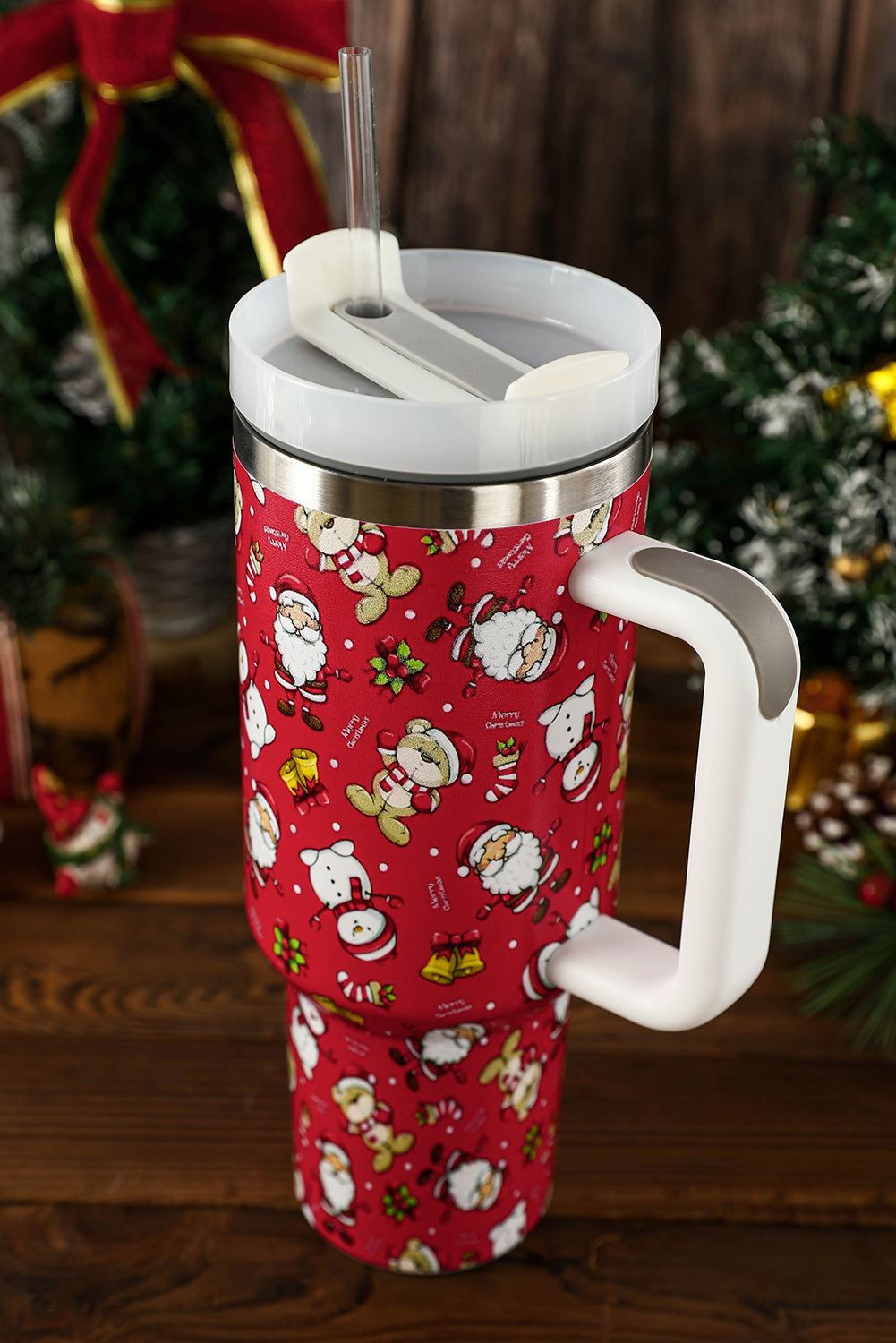 Fiery Red Christmas Print Handled Stainless Steel Tumblers 40oz