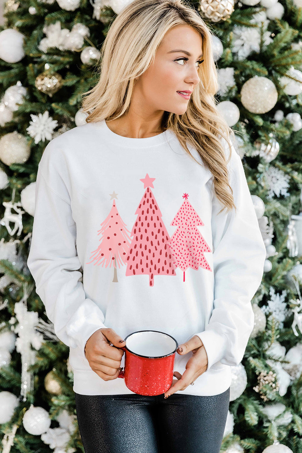 White Christmas Tree Dots Print Pullover Sweatshirt