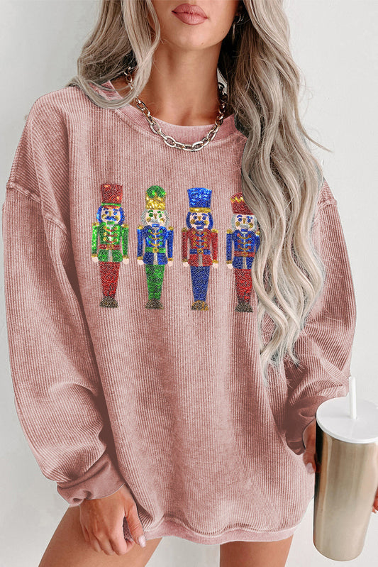 Pink Sequined Nutcracker Doll Corded Baggy Sweatshirt