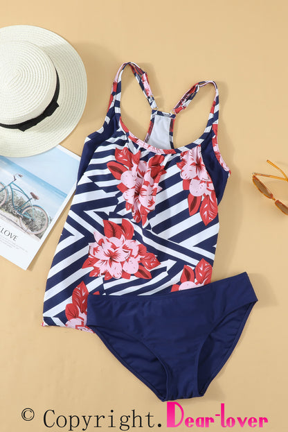 Blue Floral Printed Lined Tankini Swimsuit