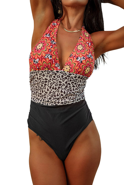 Retro Floral Leopard Stripes Deep V Neck One-piece Swimwear