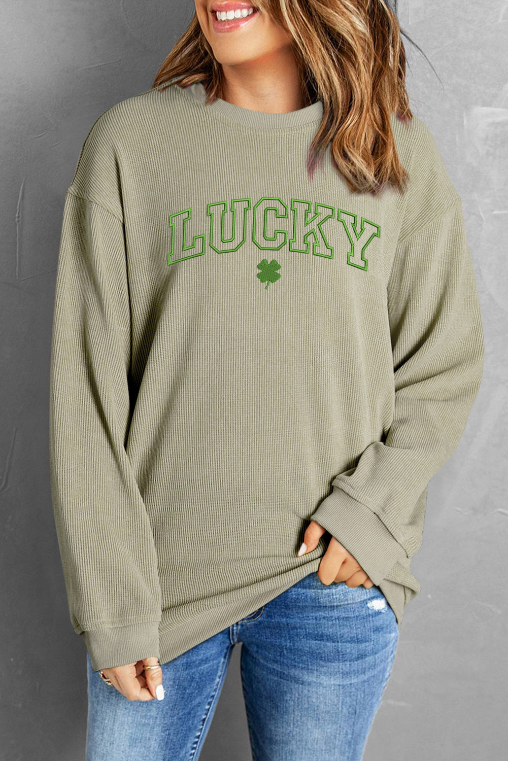 Green LUCKY Clover Embroidered Corded Crewneck Sweatshirt