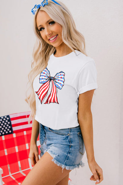 White Stripes and Stars Bowknot Print T Shirt