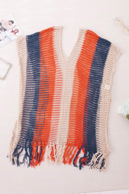 Multicolor Striped Tassel Crochet V Neck Beach Cover Up