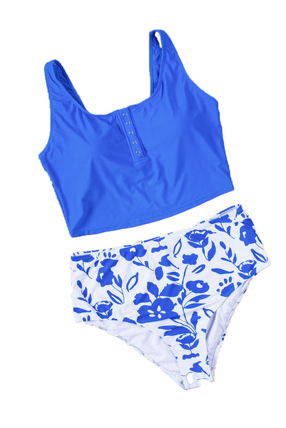 Blue Square Neck Sleeveless Fashion Print Tankini Set